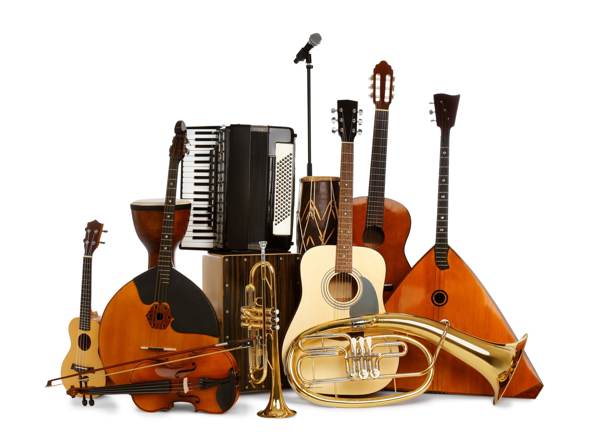 Set of different musical instruments and microphone on white background